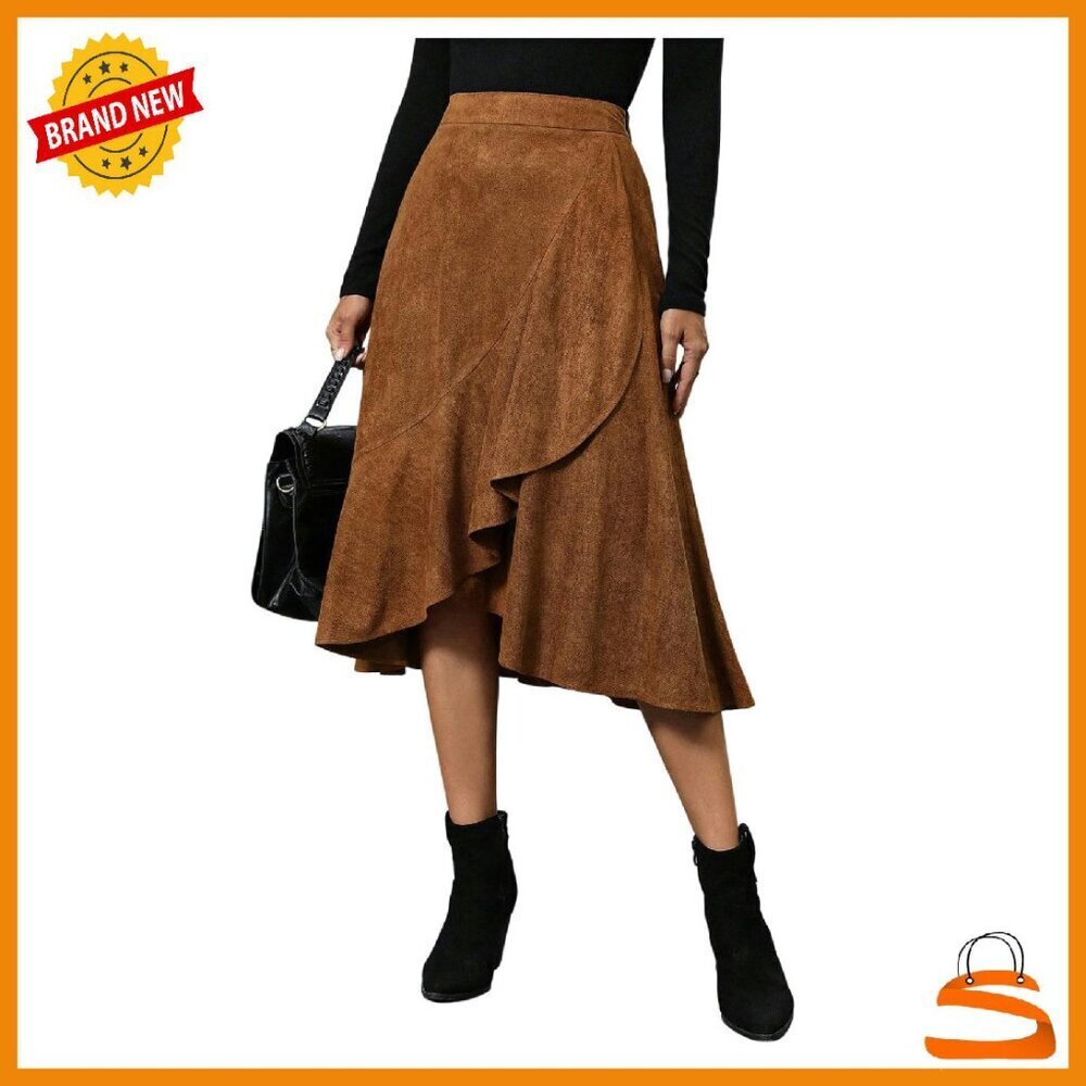 Suede High Waist Ruffle A-Line Midi Skirt - Polyester Flowy Wear to Work